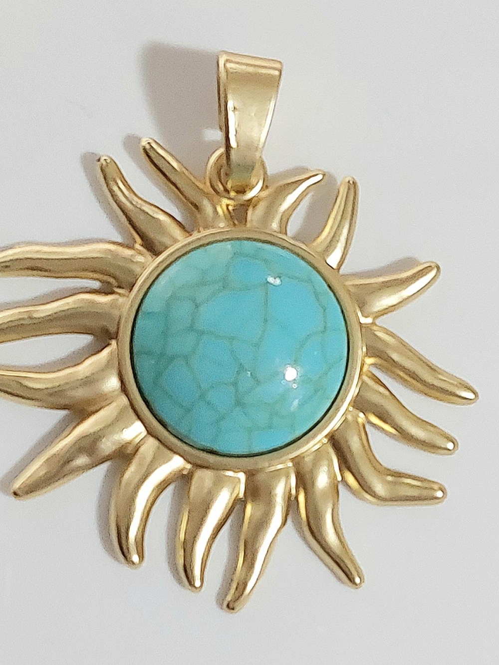 Gold Tone Sun Pendant Charm with Oval Blue Turquoise Accent - Womens Jewelry